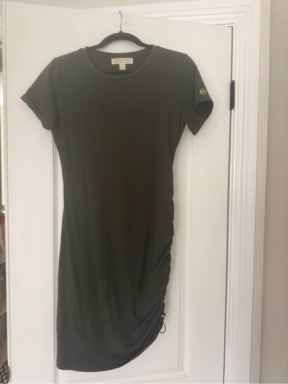 MICHAEL Michael Kors Olive Green Ruched Short-Sleeve Midi Dress